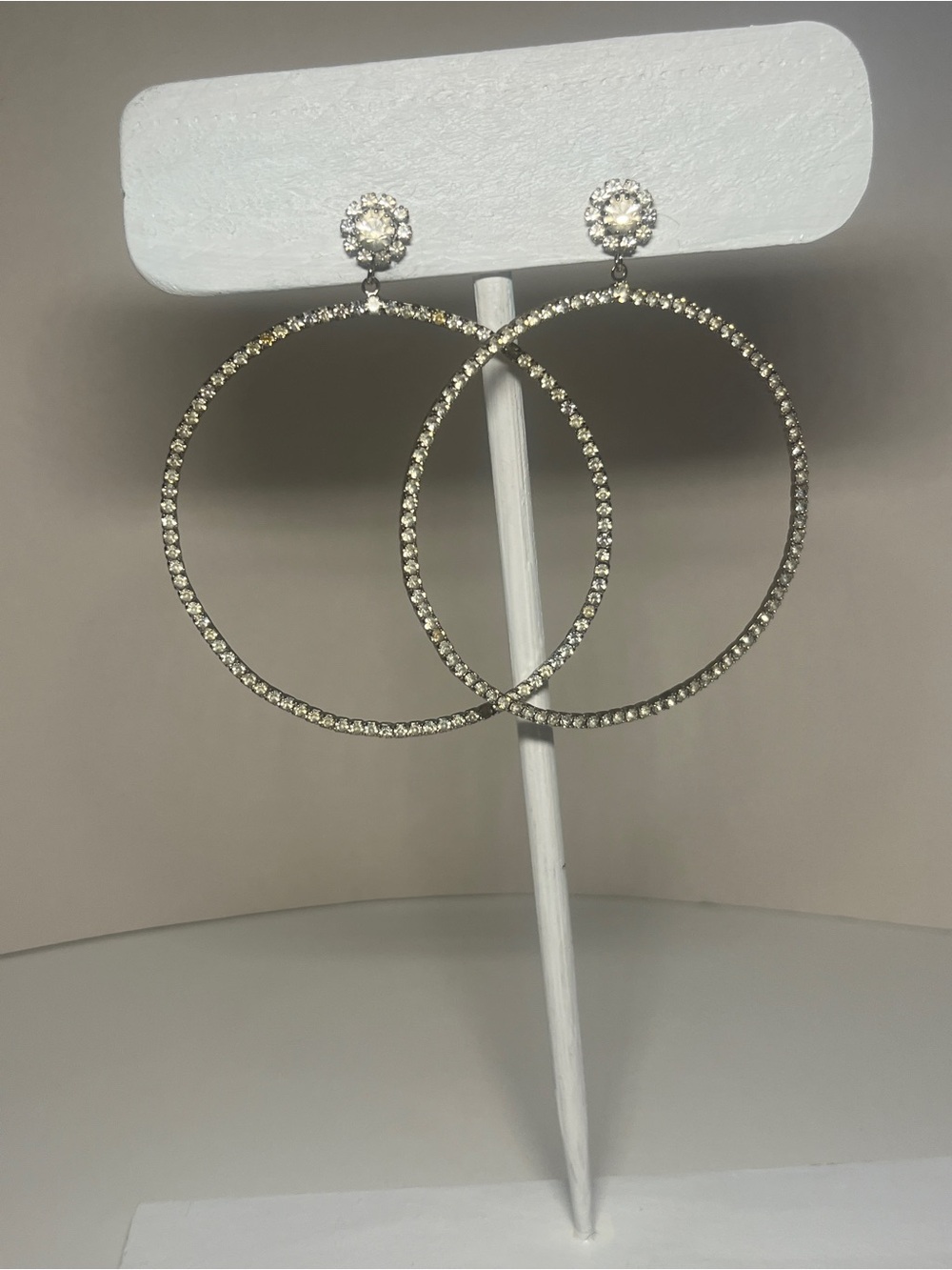 Vintage Jumbo Crystal Silver-Tone Drop Hoop Earrings